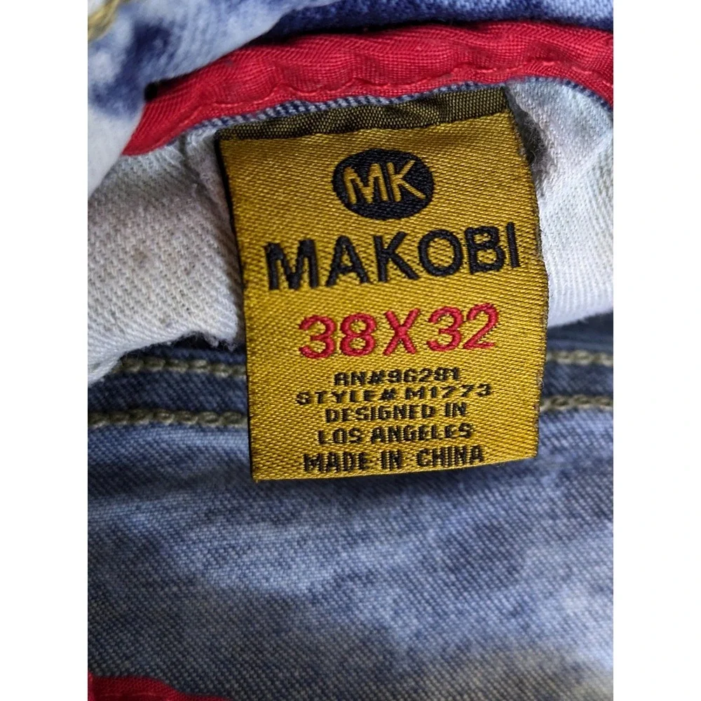 Makobi Men's Acid Wash Distressed Red Ripped Patch Jeans M1773 Blue 38x32 - Picture 6 of 8